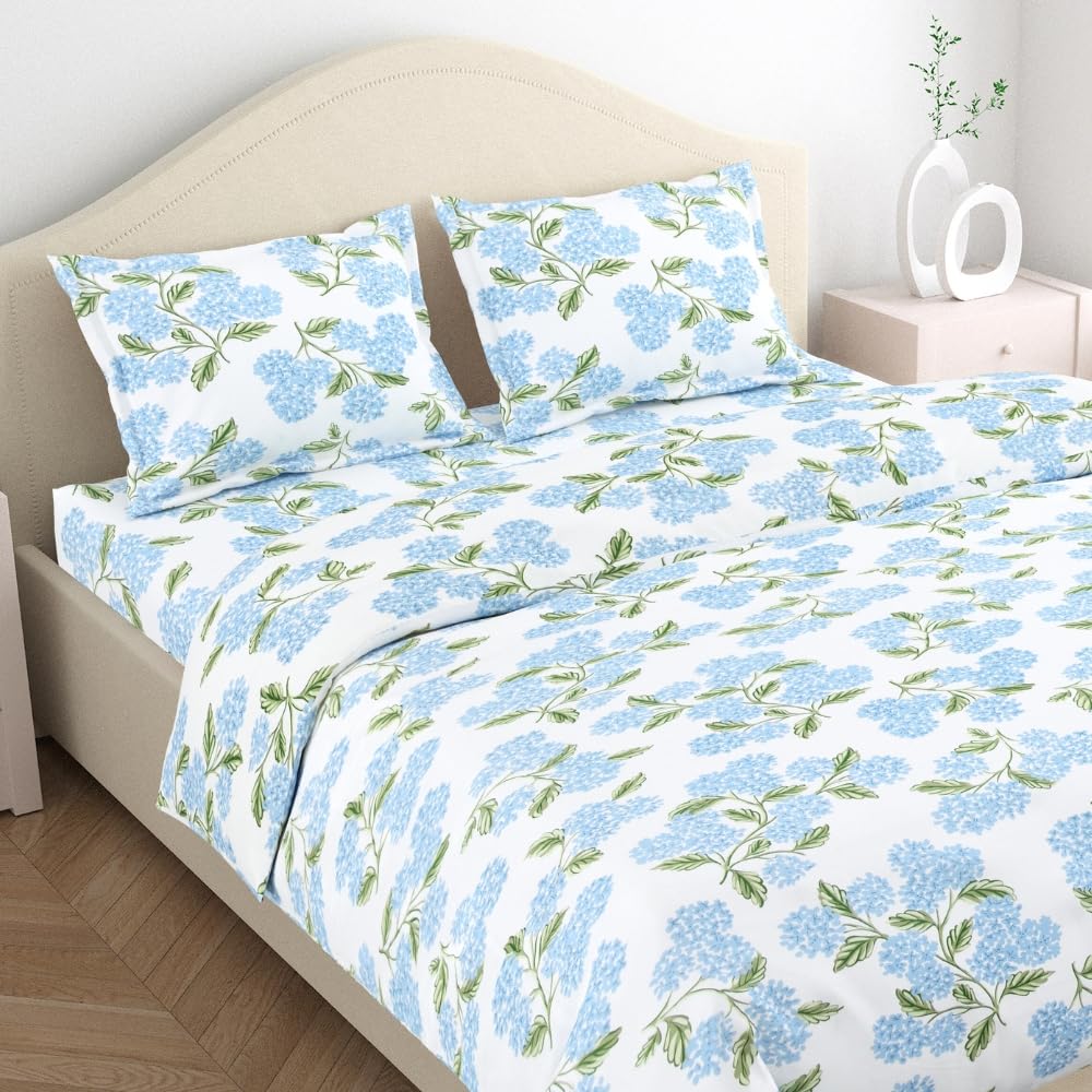 King Size Bed For Elastic Fitted Bedsheet With 2 Pillow Covers | 72 X 78 X 10 Inches, White & Blue | Softness, Durability & Comfort | Perfect For Everyday Use