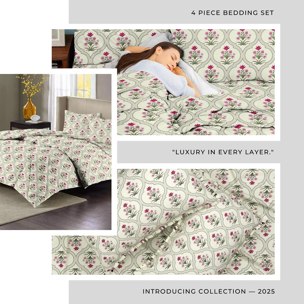 Bedding Set 1 Double Bedsheet, 2 Pillow Covers With 1 Comforter | 90 X 100 Inches, Off White & Pink | Perfect For Queen Bed Durable & Wrinkle Free - All Season Bedding