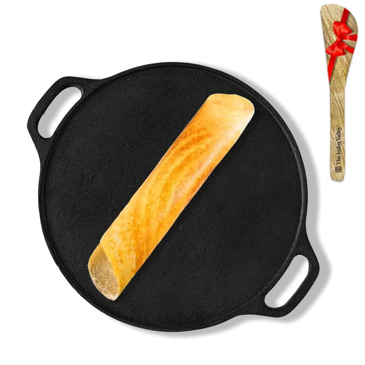 Pre-Seasoned Black Cast Iron Tawa With Free Wooden Spatula For Dosa, Chapathi - 30.2cm, 11.8 Inch, 2.4 Kg | Induction Friendly, Naturally Nonstick, 100% Pure & Toxin-Free, No Chemical Coating