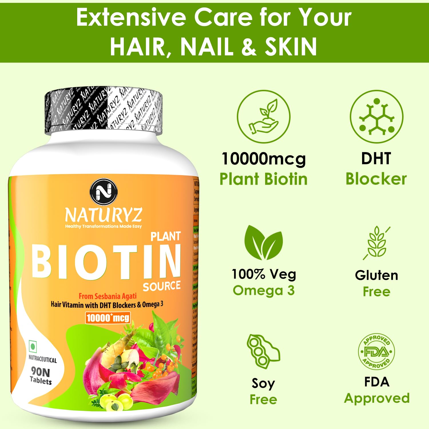 Naturyz 100% Plant Based Biotin Tablets With High Protein Vitamin Dht Omega 3 For Strong Hairs, Nails Growth & Glowing Skin | 90 Tablets , 150gm 0.3lbs