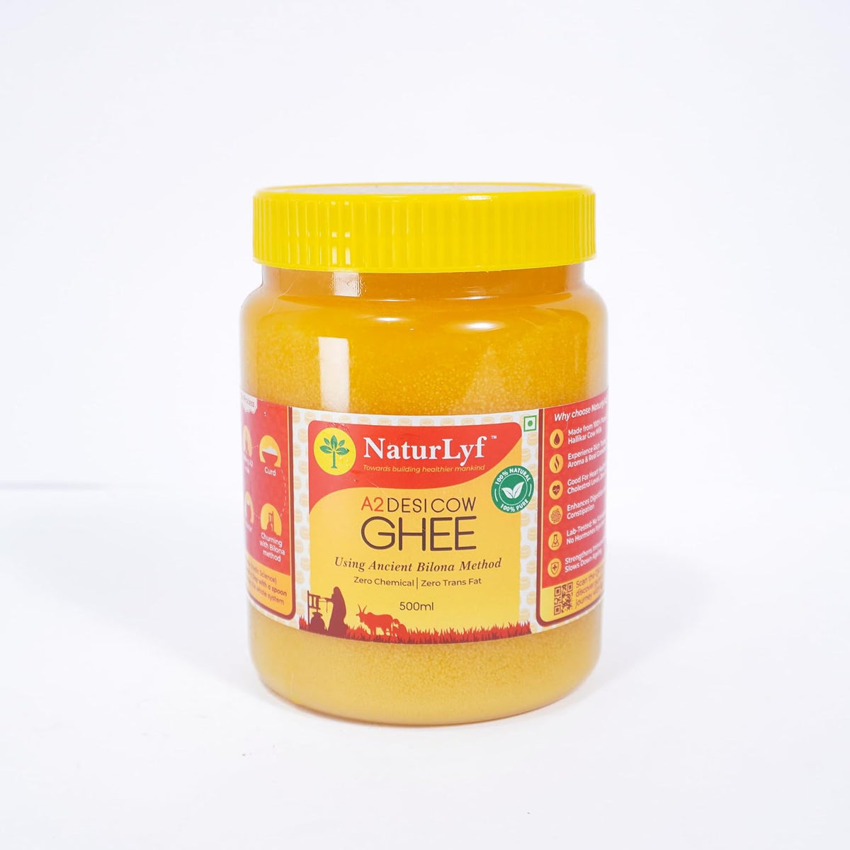 Natural A2 Desi Cow Ghee By Naturlyf | Churning With Bilona Method Indian Breed Cow Milk Desi Ghee For Everyday Dishes | (500ml) 16.9 Ounce | Jar Pack