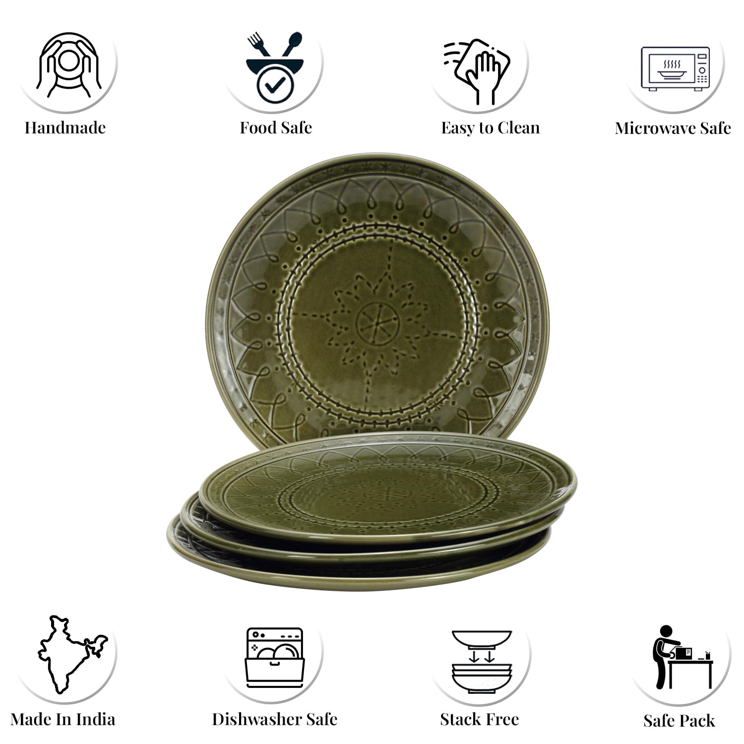 Ceramic Hand Glazed Stoneware Embossed Large Dinner Plates Set Of 4 - 10.6 Inch, Moss Green | Microwave Safe & Dishwasher Safe