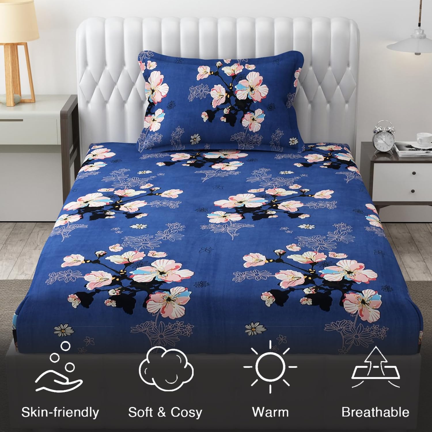 Microfiber Single Bedsheet Set With 1 Pillow Covers (60 X 90 Inches) Blue & Pink | Durable & Long-Lasting | 144 Thread Count | Wrinkle Free