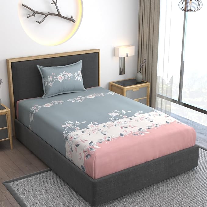 Cotton Bedsheets All Around Elastic Fitted Premium Super Soft Fitted Single Bedsheet With 1 Pillow Cover Fits | 78 X 48 Inches, Grey & Yellow