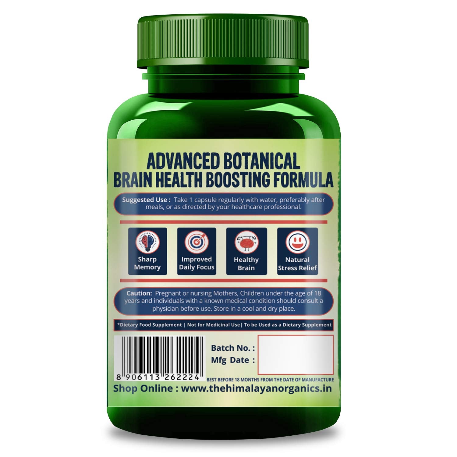 Himalayan Organics Plant Based Brain Booster Supplement With Ginkgo Biloba & Brahmi, Healthy Brain, Stress Relief, Improve Focus | 60 Veg Capsules 100gm 0.2lbs Each Pack Of 3