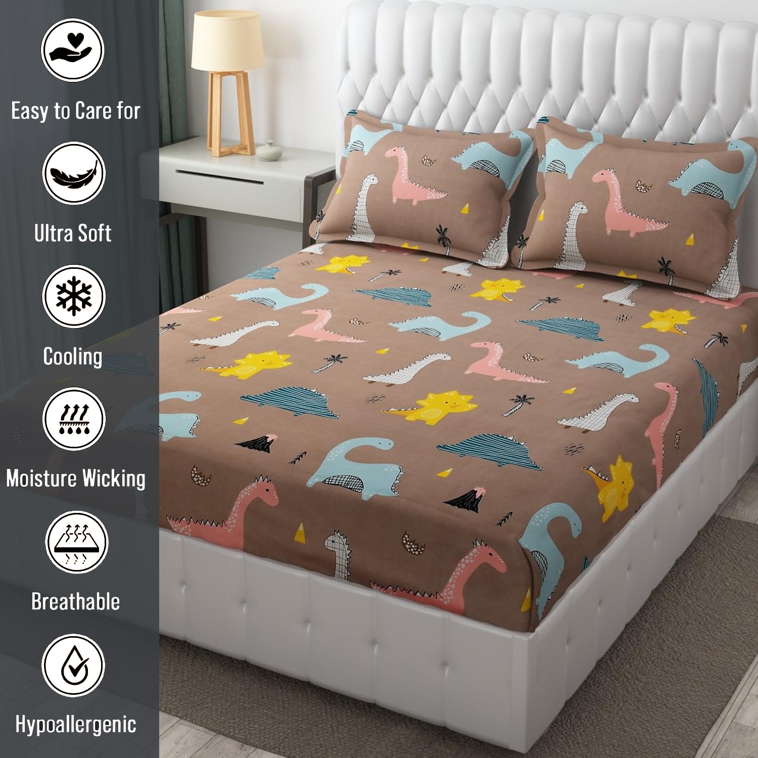Wrinkle Free Soft Kids Double Bedsheets For King Size With 2 Pillow Cover | 90 X 95 Inches, Rosy Brown | Cartoon Printed Design | Child Bedroom Decor
