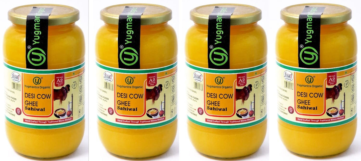 Premium A2 Danedar Desi Sahiwal Cow Ghee By Yugmantra Organic Foods | Rich In Nutrients Healthy & Protein Fiber Desi Ghee Perfect For Bones Health | 4Ltr (1 Ltr * 4) 135.2 Ounce | Jar Pack