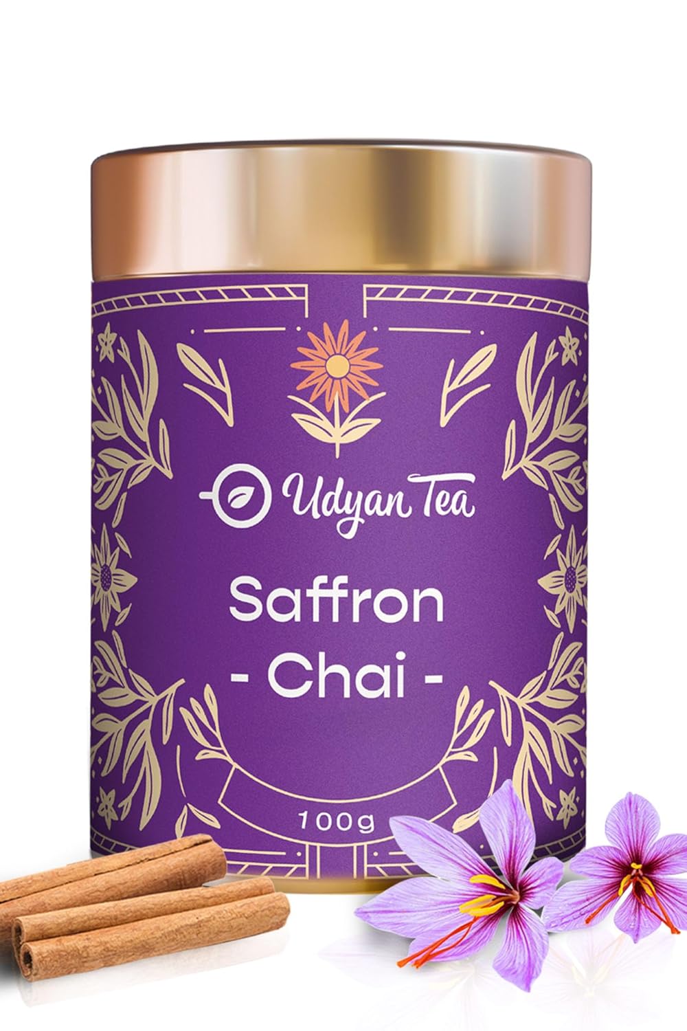 Udyan Tea Saffron Chai - 100gm, 3.5 Ounce | Premium Whole Leaf CTC Tea With Saffron & Natural Spices - Traditional Indian Spice Chai Latte | High Caffeine Tea Leaf