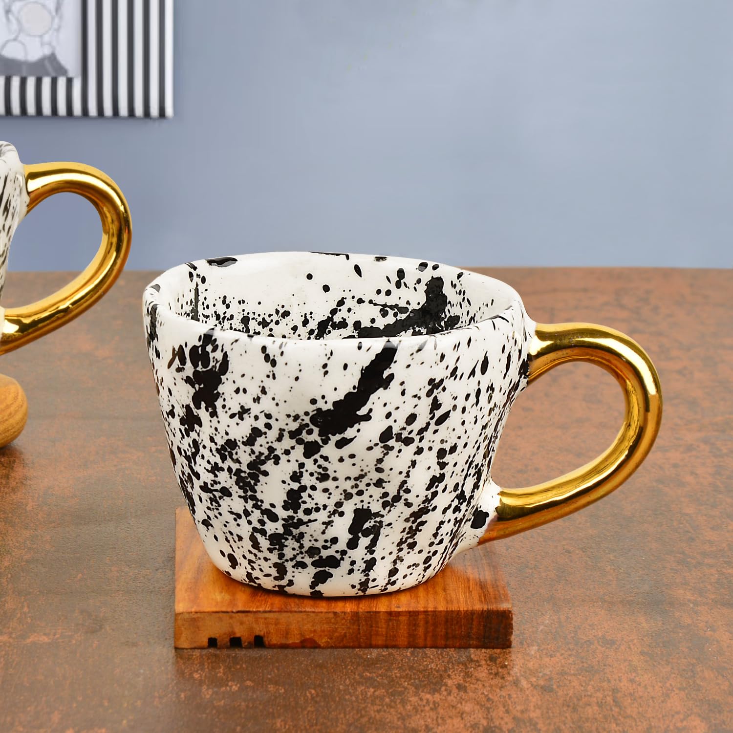 Premium Handmade Dalmation Ceramic Coffee Mugs With Golden Handle Set Of 2 - 200ml Each, White & Black | Tea Cups & Mugs - Chai Cups