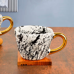 Premium Handmade Dalmation Ceramic Coffee Mugs With Golden Handle Set Of 2 - 200ml Each, White & Black | Tea Cups & Mugs - Chai Cups