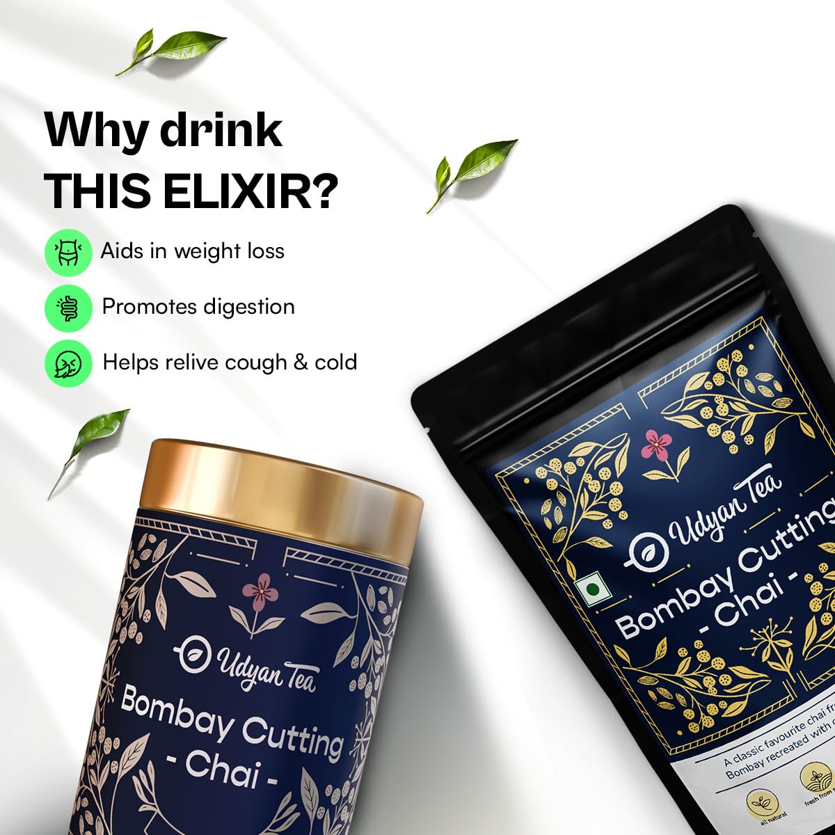 Udyan Tea Bombay Cutting Chai - 100gm, 3.5 Ounce | Strong Masala Tea With Ginger & Cardamom - Authentic & Refreshing Elaichi Adrak Chai | High Caffeine Tea Leaf