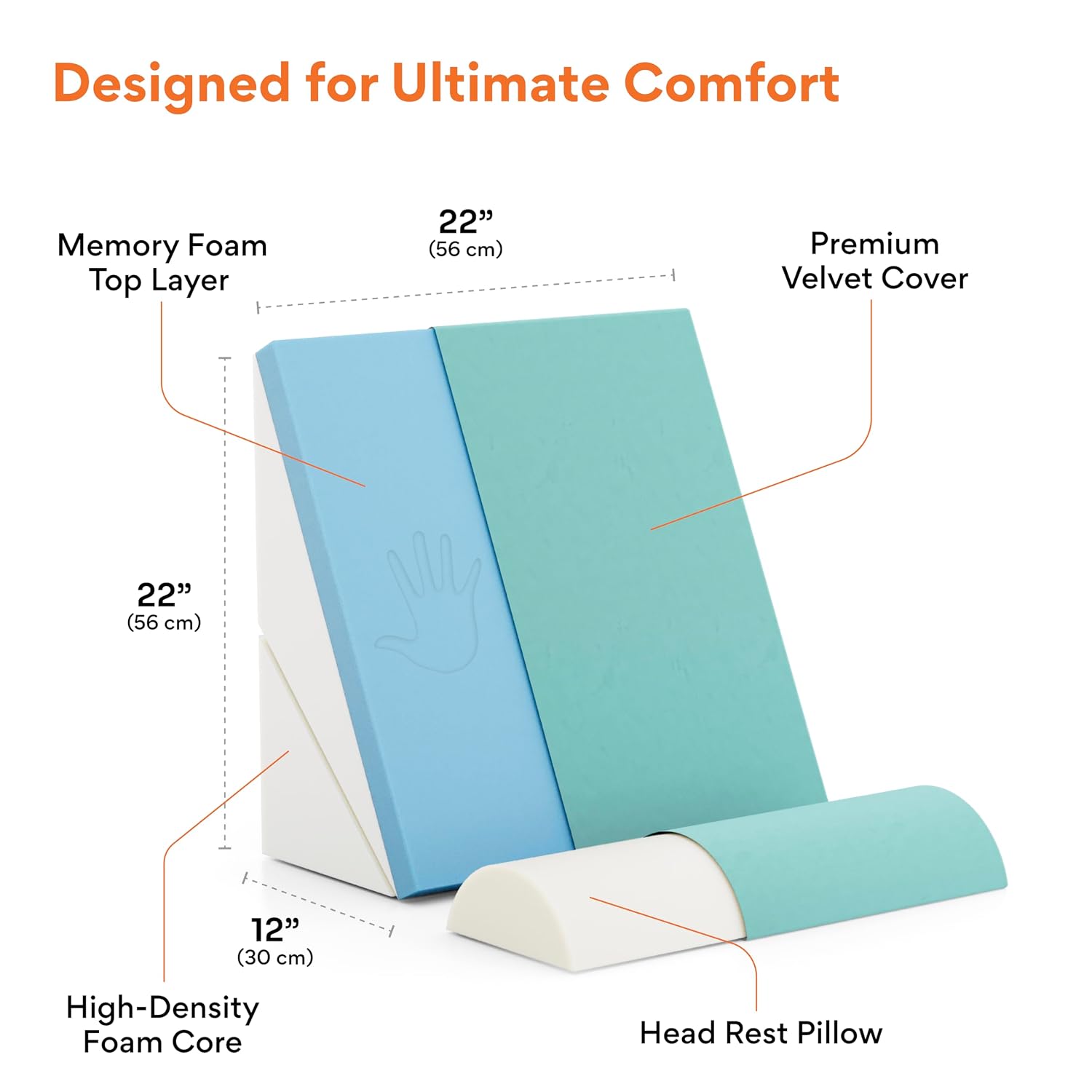 Adjustable Wedge Pillow, Memory Foam Pillow For Head, Back Support, Aqua Green - 22 X 22 X 12 Inch | Wedge Cushion, Acid Reflux, Snoring, Gerd, Leg Elevation, Pregnancy, Washable
