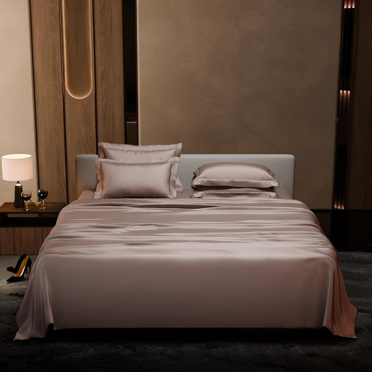 Bedding Set 1 Bedsheet King Size With 4 Pillow Cover - 108 X 108 Inches, Champagne | Wedding, Bedroom, Date Night Collection | 300 Thread Count