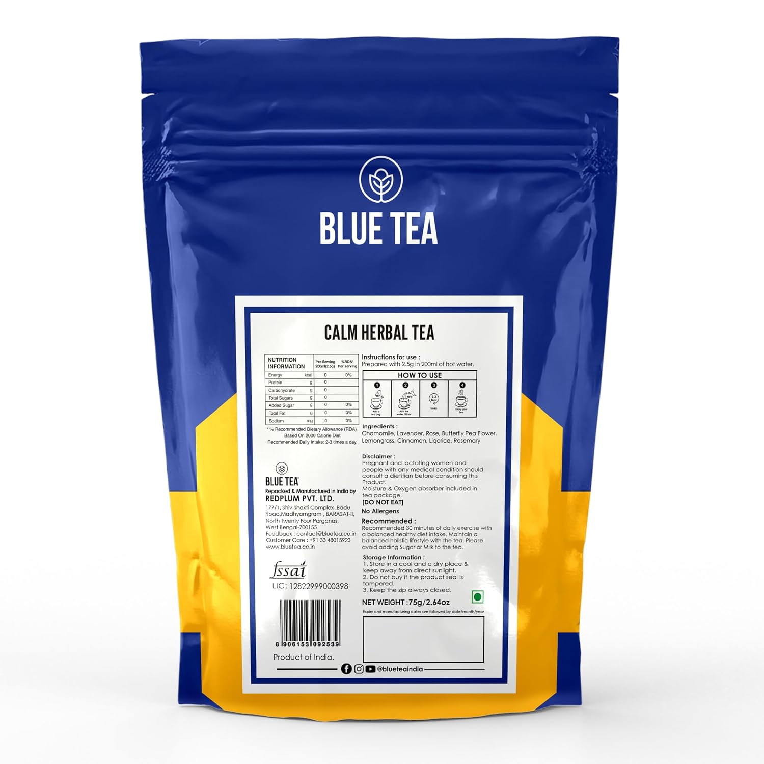 Blue Tea Caffeine Free Calm Herbal Tea - 30 Pyramid Tea Bags In Zip Lock Pack | Stress Relief, Sleep Support, Calming Blend - Gluten Free, Non-GMO, Zero Sugar