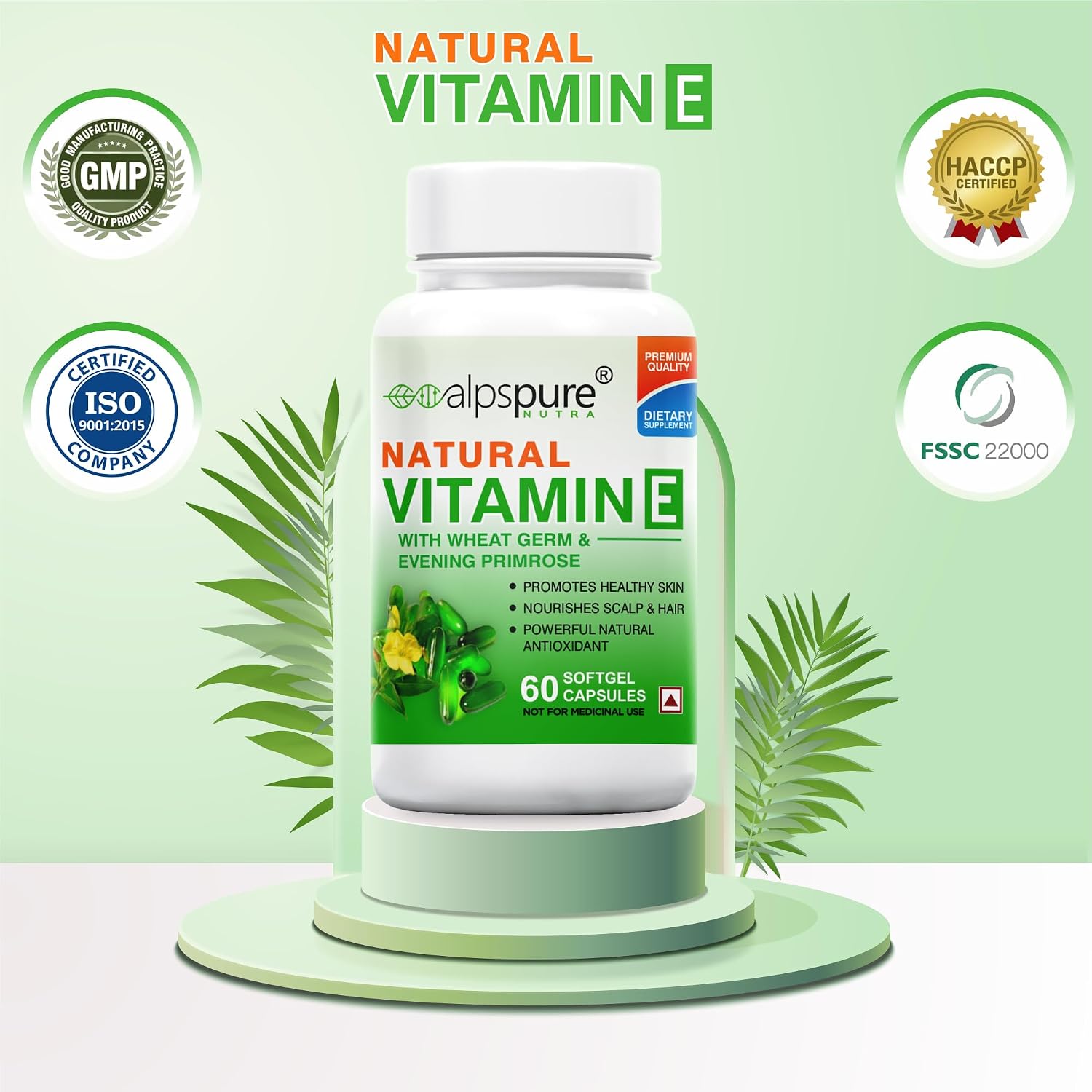 Alpspure Nutra Natural Vitamin E Softgel Capsules Natural Source For Skin, Hairs & Body Care, Immunity Booster, Controls Wrinkling & Skin Roughness | 60 Softgels , 100gm 0.2lbs