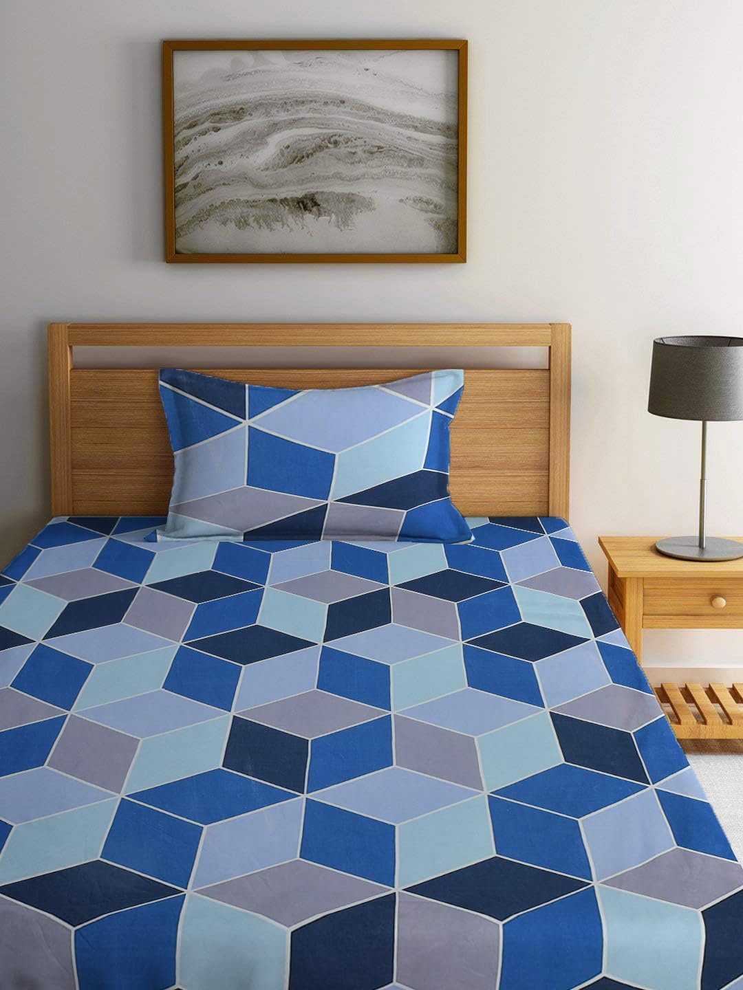 Bedsheet Single Size Elastic Fitted With 1 Pillow Cover - 48 X 72 X 8 Inches, Blue & Grey | Soft Touch To Skin | Perfect Ideal For House, Hotel, Guest House Bedsheet