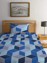 Bedsheet Single Size Elastic Fitted With 1 Pillow Cover - 48 X 72 X 8 Inches, Blue & Grey | Soft Touch To Skin | Perfect Ideal For House, Hotel, Guest House Bedsheet