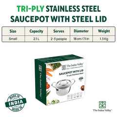 Triply Stainless Steel Stock Pot Or Casserole With Steel Lid | Very Small, 20cm, 7.8 Inch, 2.1 Liters, 1.3 Kg - Induction Friendly, Nonstick 3-Layer Body, 100% Pure & Toxin-Free