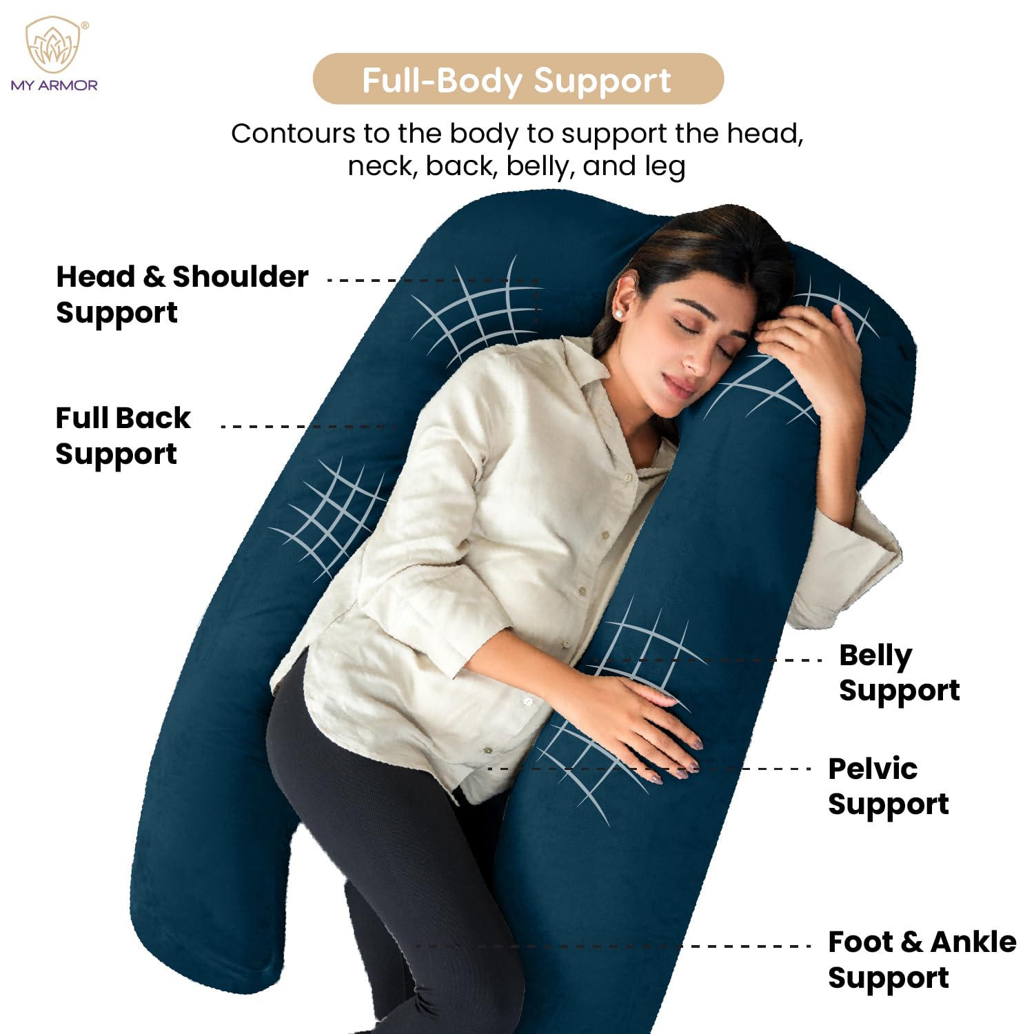 Full Body U Shape Pregnancy Pillow For Women, Maternity Pillow, Navy Blue | Pillow Gift For Pregnancy Sleeping, Premium Velvet Cover With Zip | Adjustable & Washable, Relieves Pain