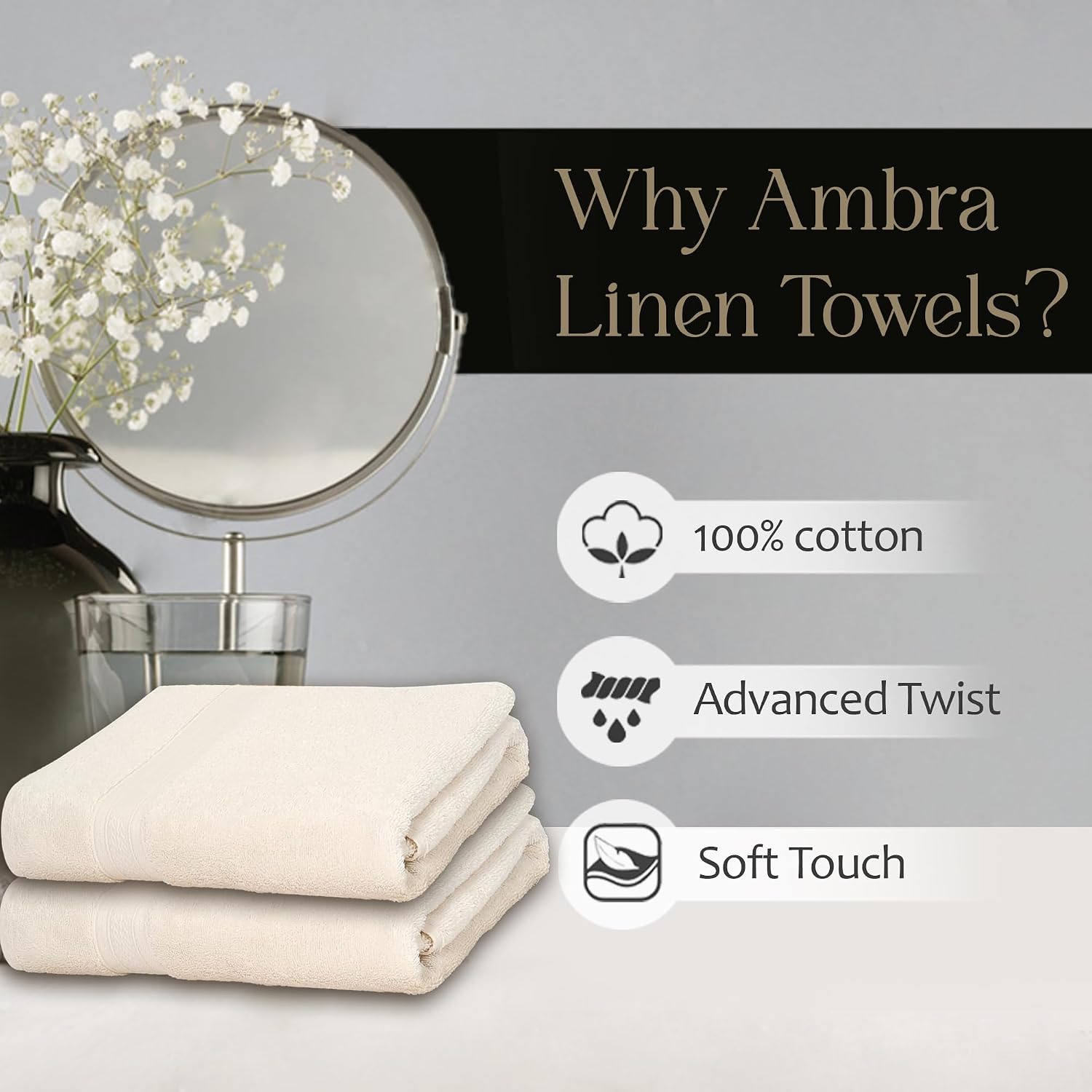 Ambra Linens Highly Absorbent Towels Set, 500 Gsm | 100% Cotton Soft And Plush All Seasons Use, Large Everyday Use, Durable (2 Pieces) | Cream