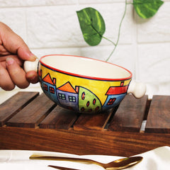 Exotic Panorama Ceramic Snack Bowls With Handles - 2 Pieces, 300ml Each, Multicolor | Hand Painted Handled Soup Bowls - Ceramic Snacks Serving Bowls Set | Microwave Safe & Dishwasher Safe