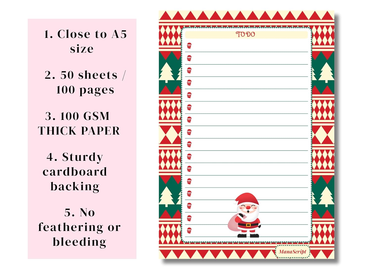 A5 Notes/To Do List Notepad, Beautiful Daily Checklist Pad, Tear-Off Sheets (Christmas) Pack Of 1