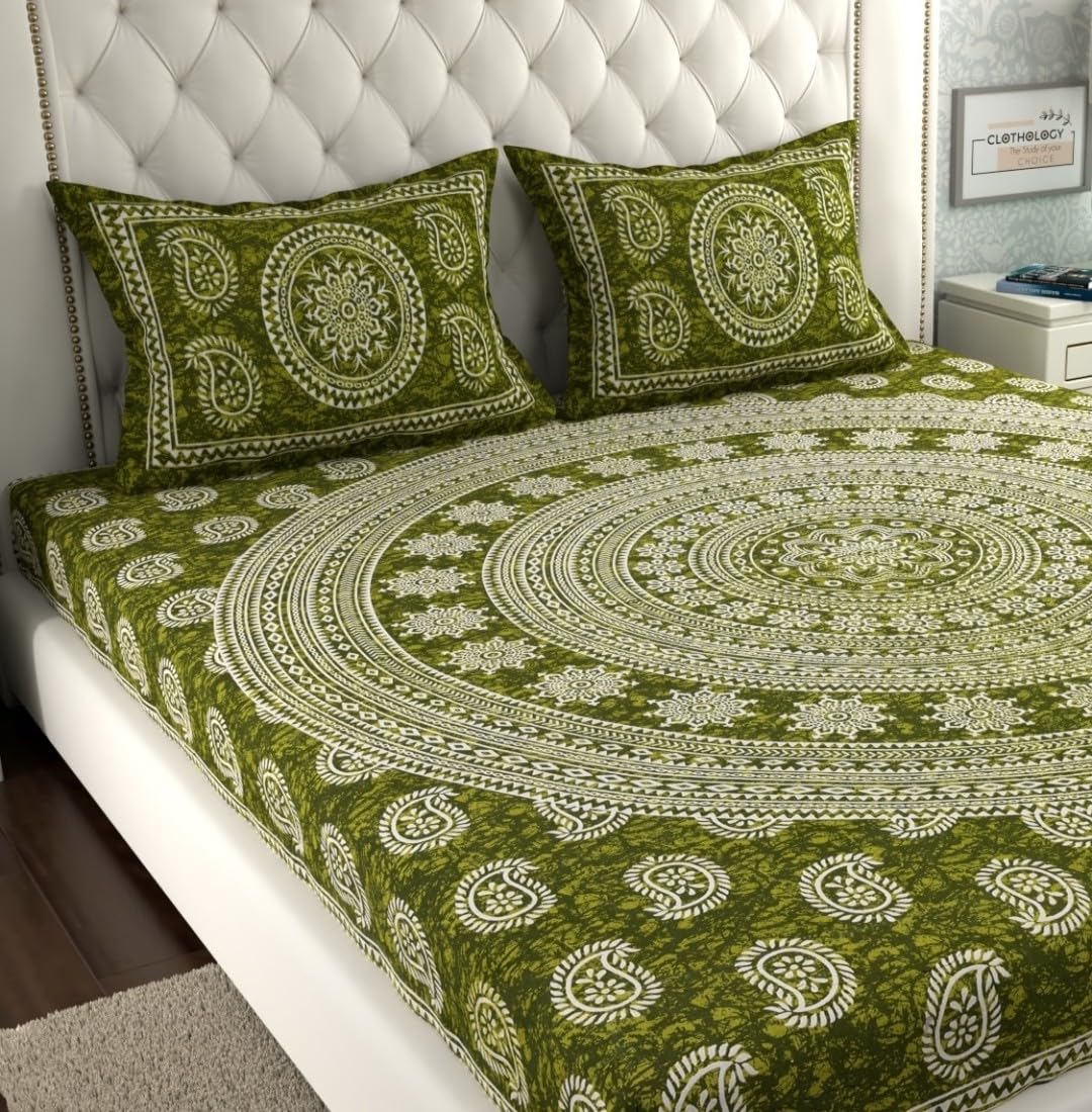 Printed Double Bedsheet For King Size With 2 Pillow Covers - 90 X 100 Inches, Green & White | Better Use Soft Detergent For Long Durability