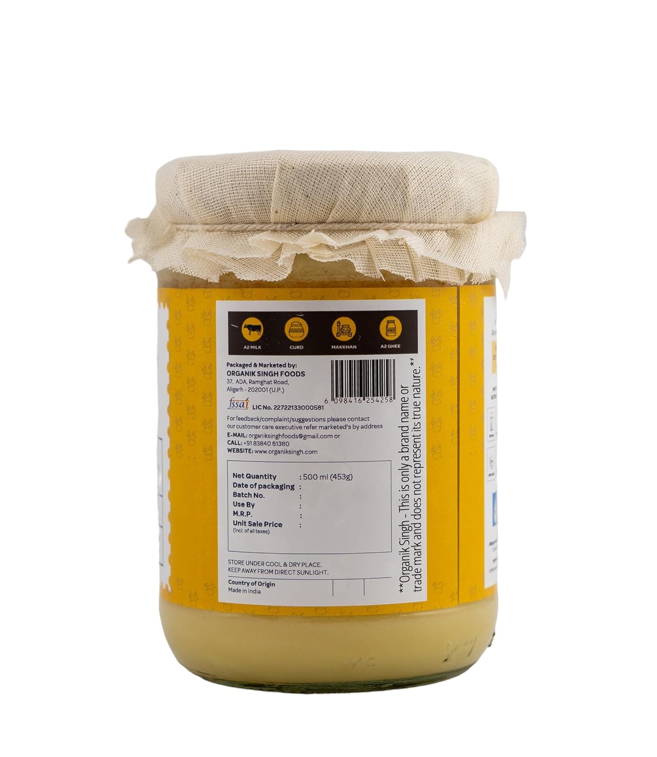 Premium A2 Bilona Desi Gir Cow Ghee By Organik Singh | Great Source Of Energy & Vitamin Healthy Desi Ghee | 1 Litre (500ml * 2) 33.8 Ounce | Glass Jar