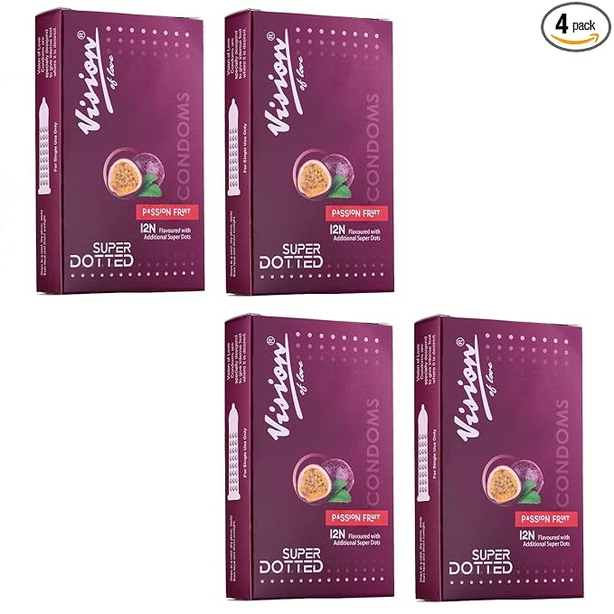 Super Dotted Real Feel Condoms For Men | Lubricated | Passion Fruit Condoms - 12 (Pack Of 4)