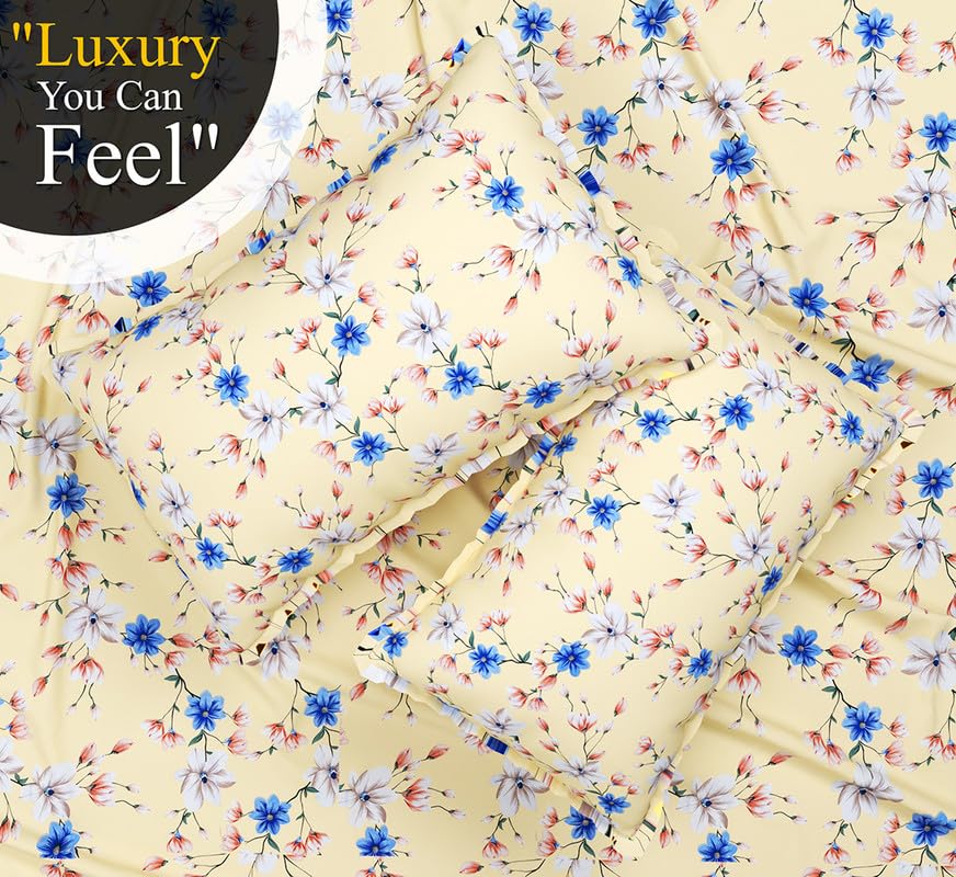 Cotton Elastic Fitted Bedsheets With 2 King Size Pillow Covers | 72 X 78 Inches, Cream & Blue - Double Bed Wrinkle Free With All Around Elastic 220 Thread Count Super Soft