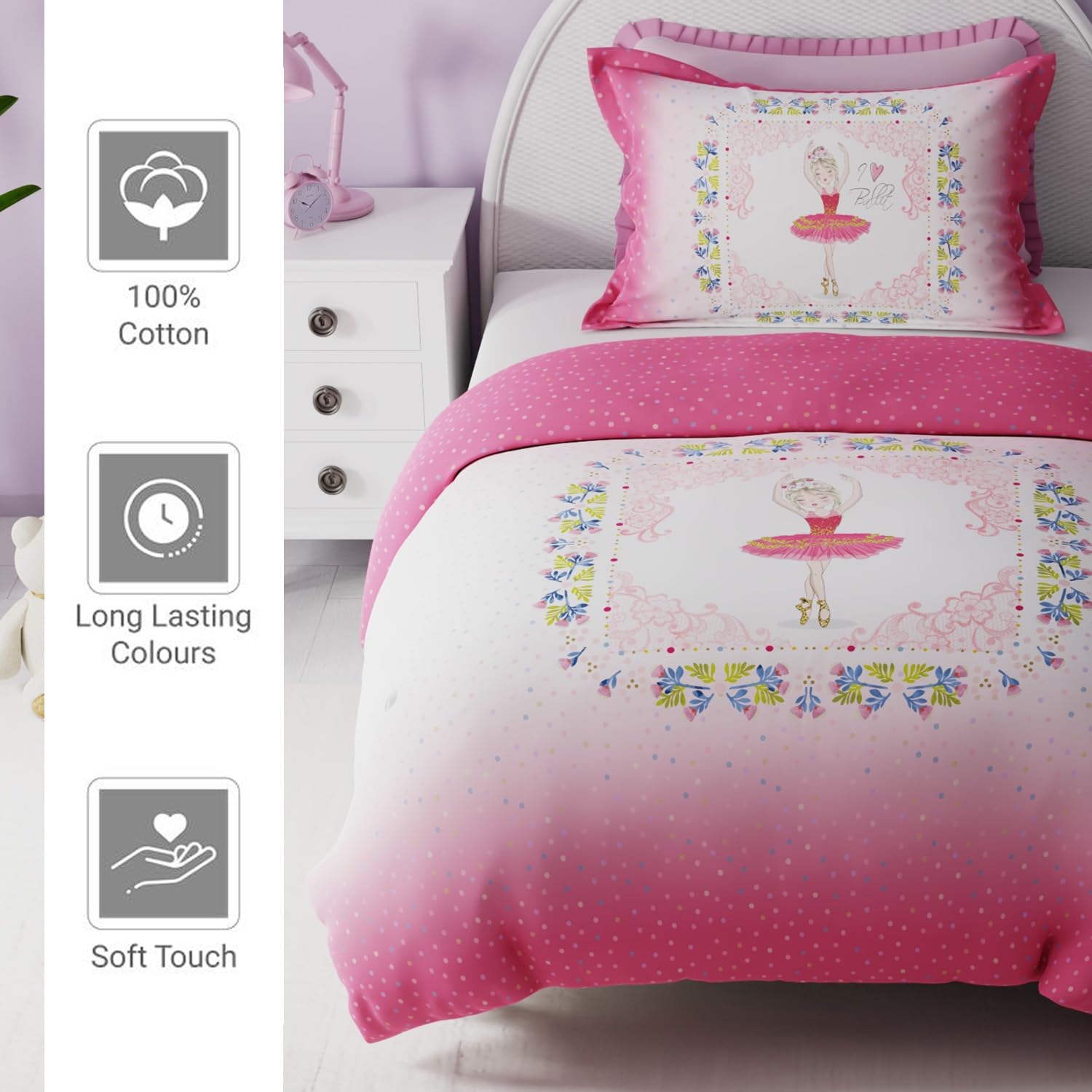 Kids Bedsheet Single Bed With 1 Pillow Covers Little Doll Design - 59x87 Inches, Pink | Fun & Colorful Bed Sheet Set - For Girls & Kids Room