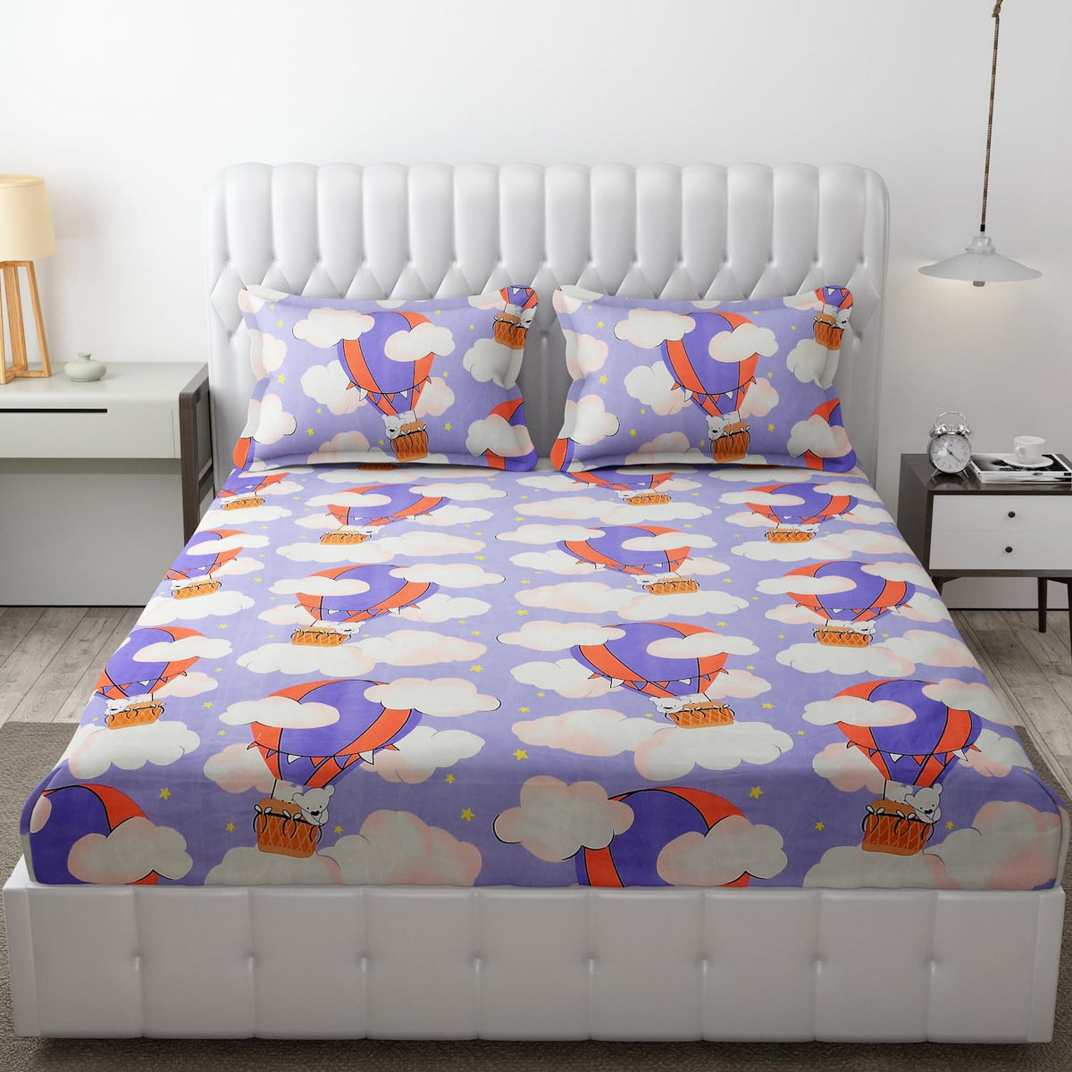 Wrinkle Free Soft Kids Double Bedsheets For King Size With 2 Pillow Cover | 90 X 95 Inches, Lavender | Cartoon Printed Design | Child Bedroom Decor