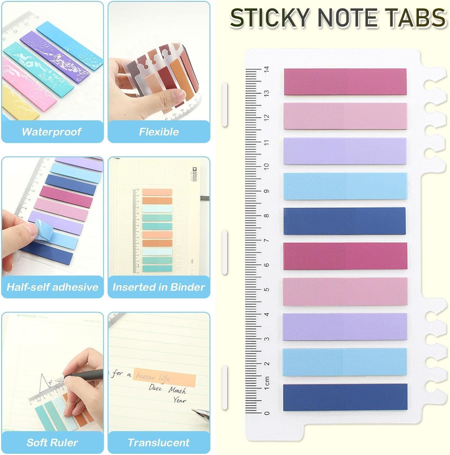 Sticky Book Tabs Book Markers - Repositionable Book Flags Strip | (2 Packs - 400 Pcs Notes)