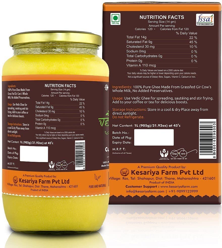 Premium A2 Gir Cow Cultured Desi Ghee From Kesariya Farm By Vedic Ghee | Bilona Two Way Churned Natural & Healthy Ghee Good For Cooking (1L) | 33.8 Ounce | Jar Pack