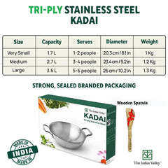 Triply Stainless Steel Kadai Or Kadhai With Free Wooden Spatula For 3-4 People - Medium, 23.4cm, 9.2 Inch, 2.7 Liters, 1.2 Kg | Induction Friendly, Nonstick 3-Layer Body, No Chemical Coating