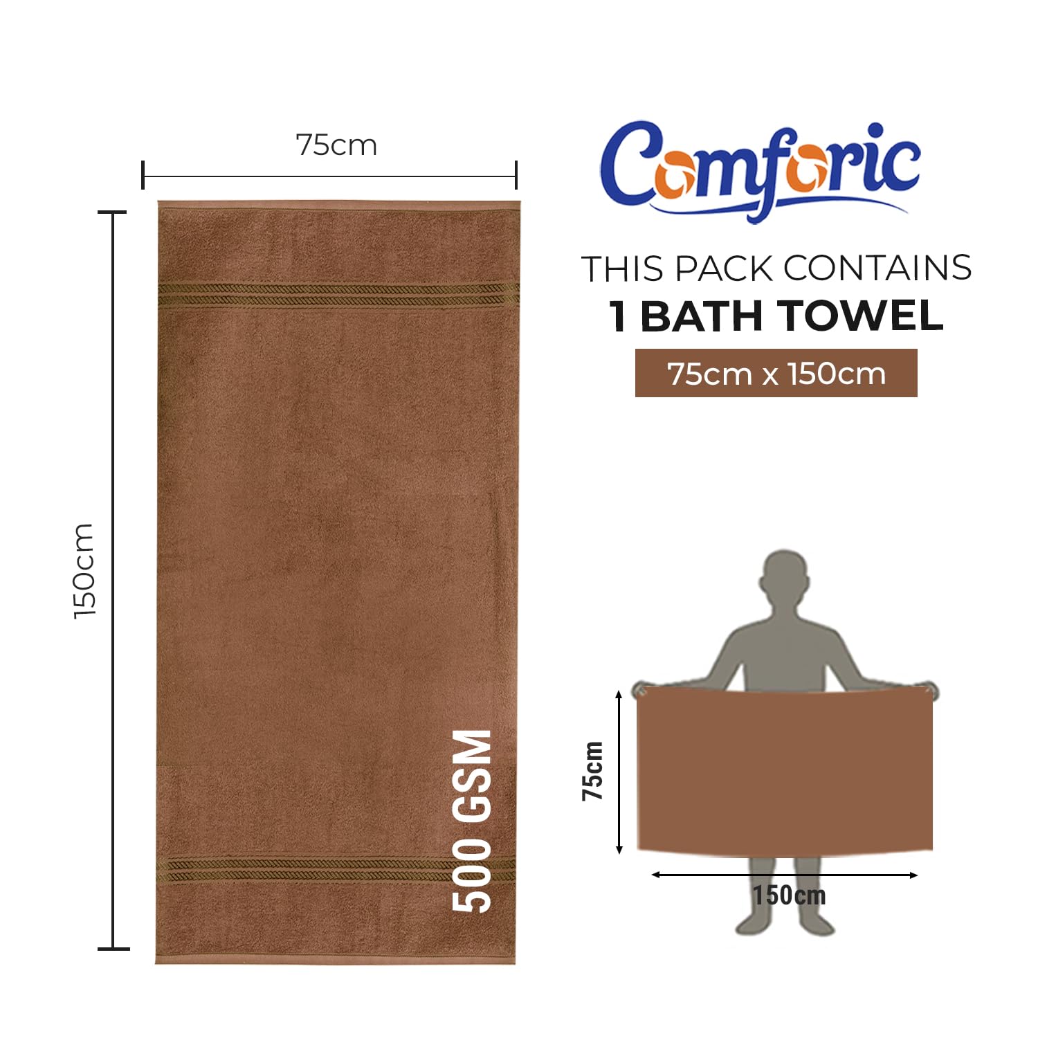 Comforic 100% Cotton Bath Towels Large Size 500 Gsm | Quick Dry, Super Soft & Absorbent Gym Towel, Travel Towel (Espresso)