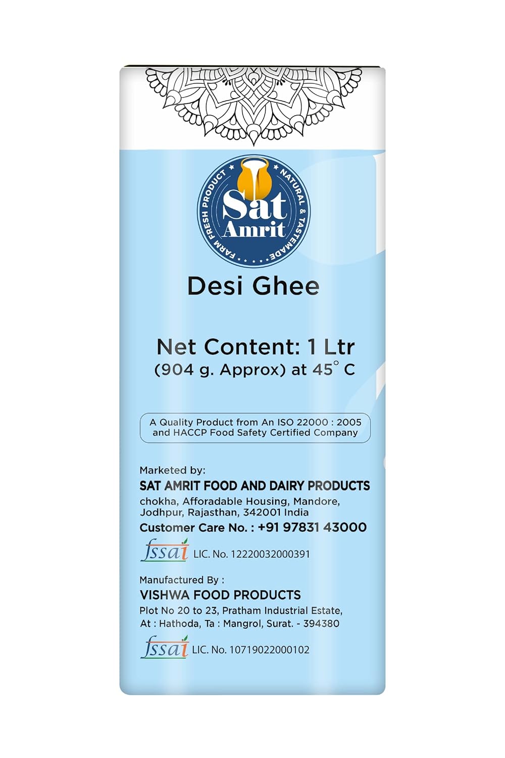 Natural Premium Desi Ghee By Sat Amrit | Vedic Bilona Hand Churned Natural & Healthy Indian Desi Ghee (1 Litr) 33.8 Ounce | Box Pack
