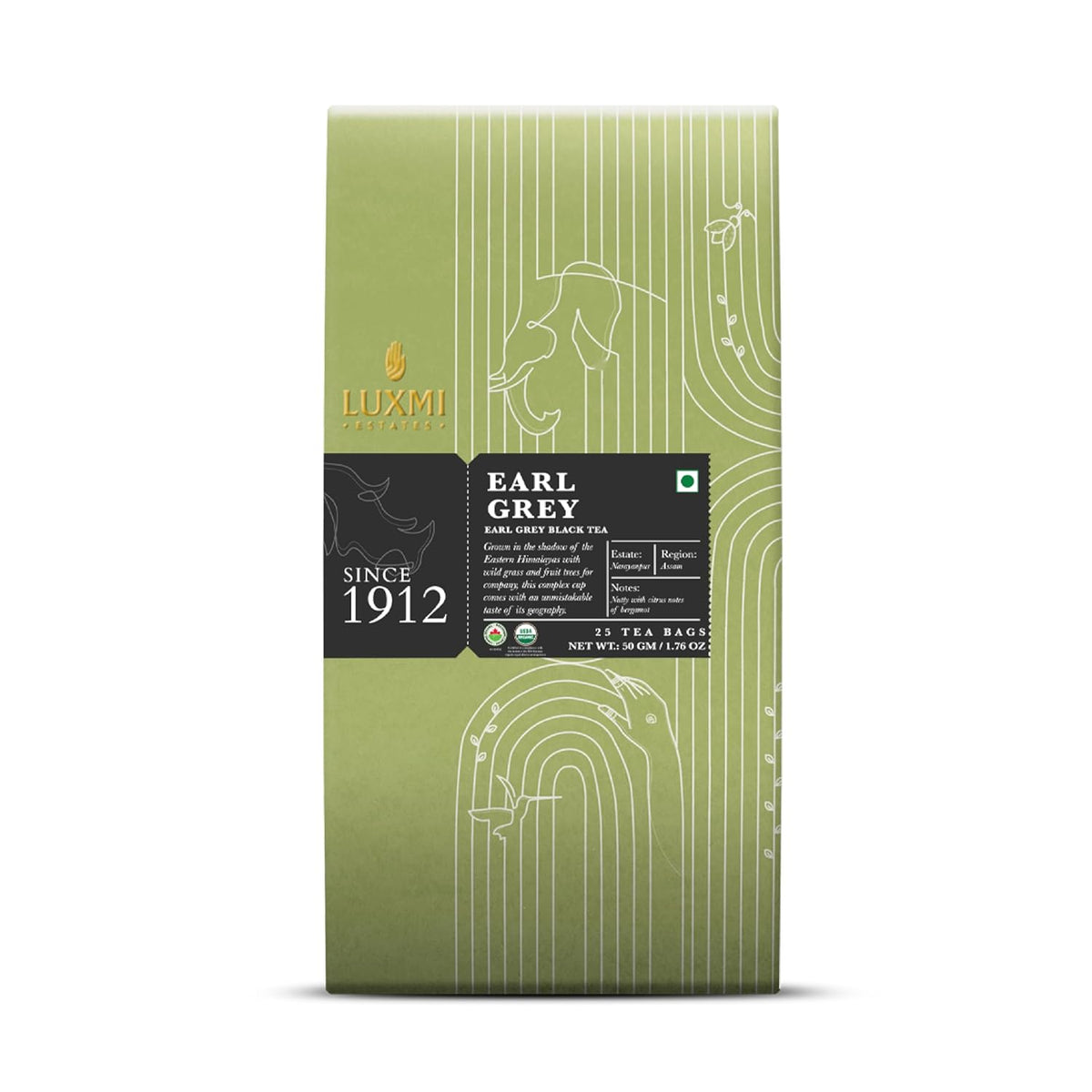 Luxmi Estates Earl Grey Black Tea - 50gm, 1.7 Ounce, 25 Tea Bags | USDA Organic Certified Tea - 100% Natural Bergamot Extracts | High Caffeine Black Tea