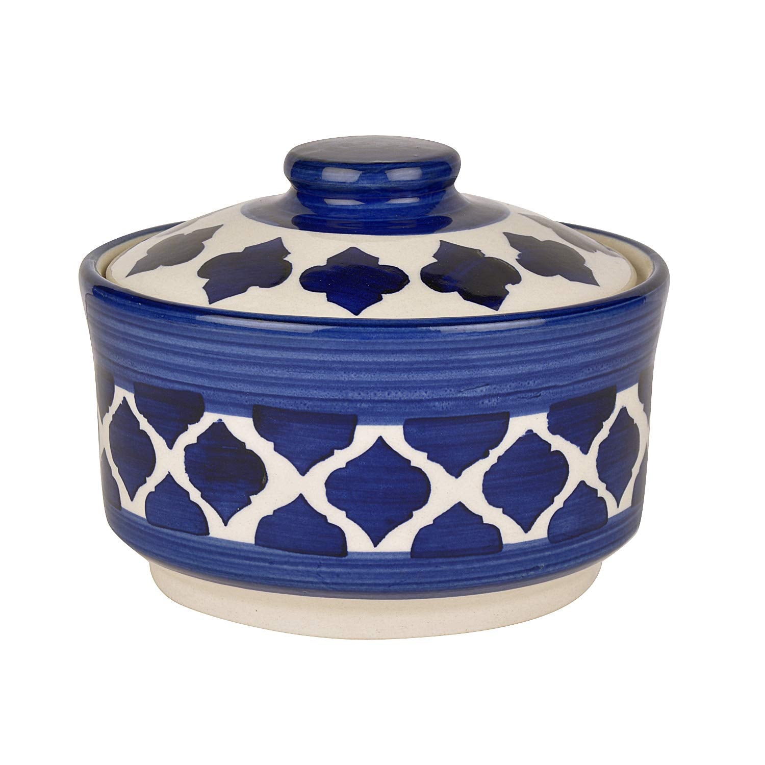 Studio Pottery Hand Painted Ceramic Serving Donga With Lid Casserole Set Of 3 - 900ml, 500ml & 300ml, Blue | Dinner Serving Set - Stackable Kitchen Bowl Set