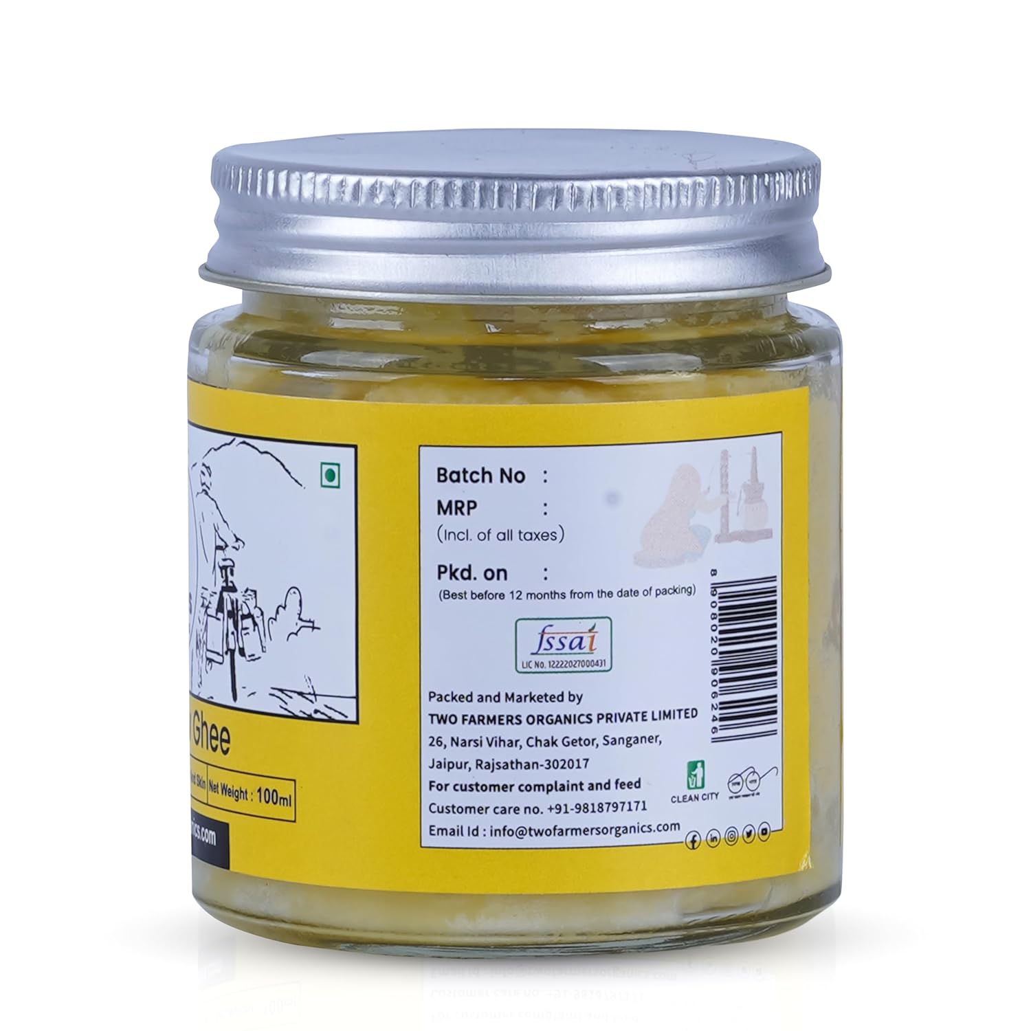 Pure Natural A2 Desi Cow Ghee By Two Farmers Organics | Rich In Vitamins A, E Healthy Desi Cow Ghee For Supports Heart Health | (100ml) 3.3 Ounce | Jar Pack
