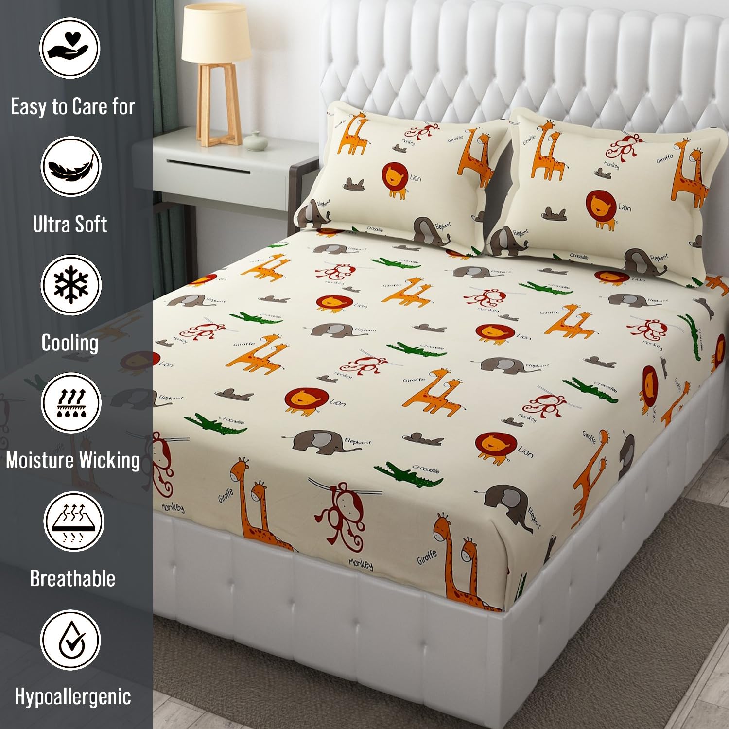Wrinkle Free Soft Kids Double Bedsheets For King Size With 2 Pillow Cover | 90 X 95 Inches, Cream | Cartoon Printed Design | Child Bedroom Decor