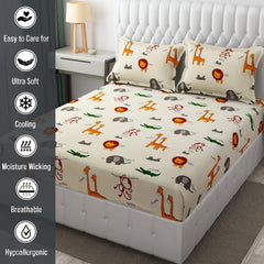Wrinkle Free Soft Kids Double Bedsheets For King Size With 2 Pillow Cover | 90 X 95 Inches, Cream | Cartoon Printed Design | Child Bedroom Decor