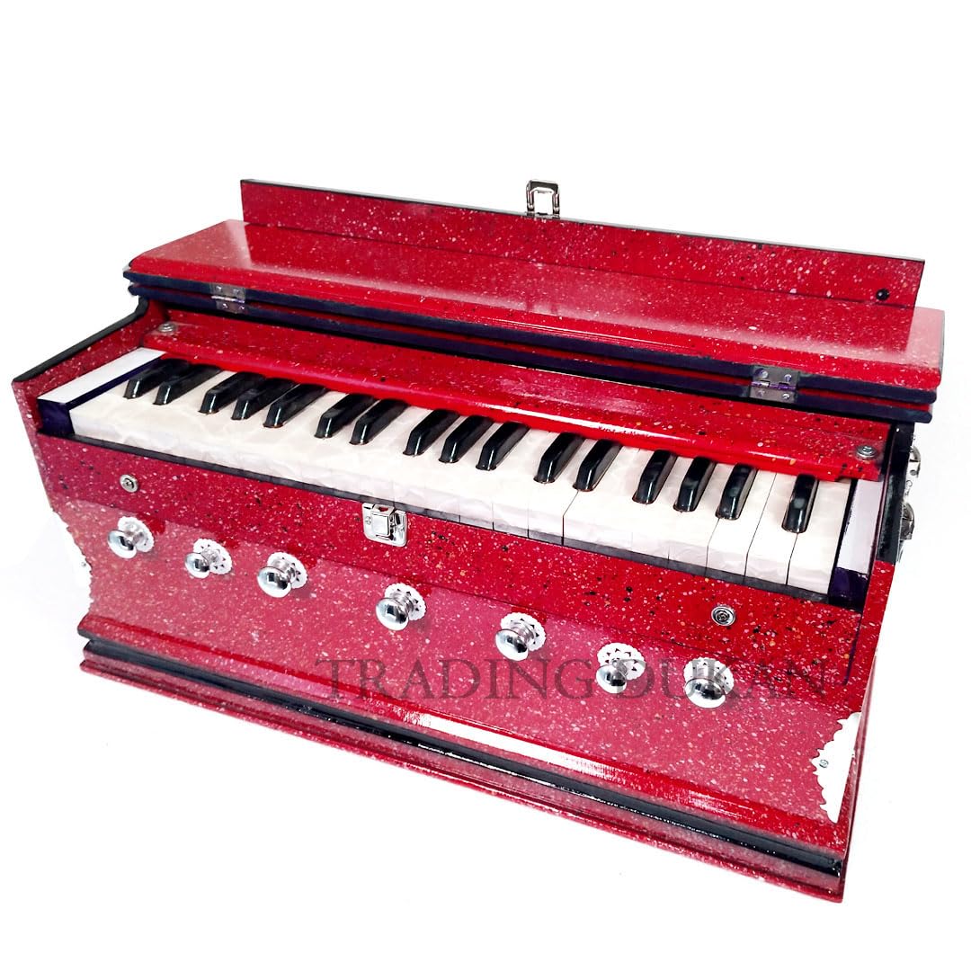 Musical Instrument Harmonium For Beginners & Kids - 7 Stoppers, 39 Keys, Double Bellow, Two Reeds (Base- Male), Perfect For Every Octave | Compact & Portable Design - Red Color