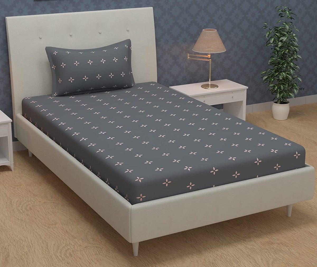 Glace Cotton Single Bedsheet Elastic Fitted With 2 Pillow Cover - 48x78x8 Inches, Dark Gray | Soft Touch To Skin | Perfect Ideal For House, Hotel, Guest House Bedsheet