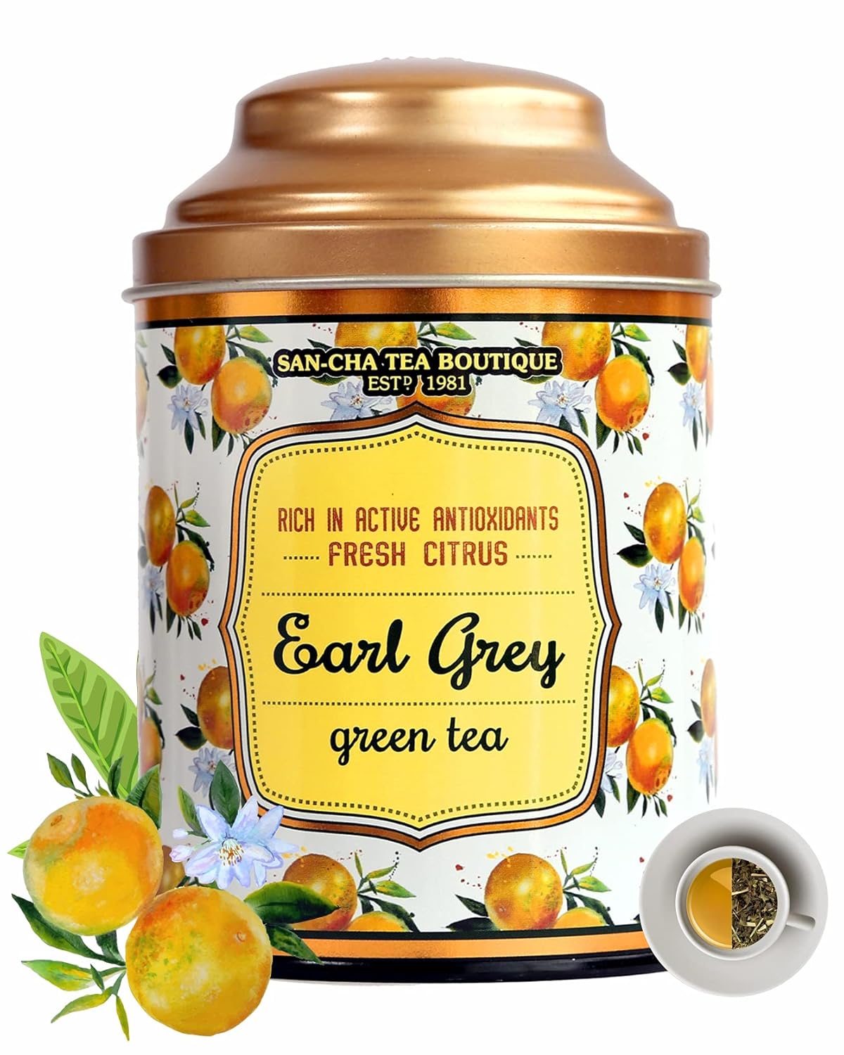 San-Cha Earl Grey Green Tea - 100gm, 3.5 Ounce | Rich In Active Antioxidants & Fresh Citrus - Environment Friendly & Made In Corn Fiber | Low Caffeine