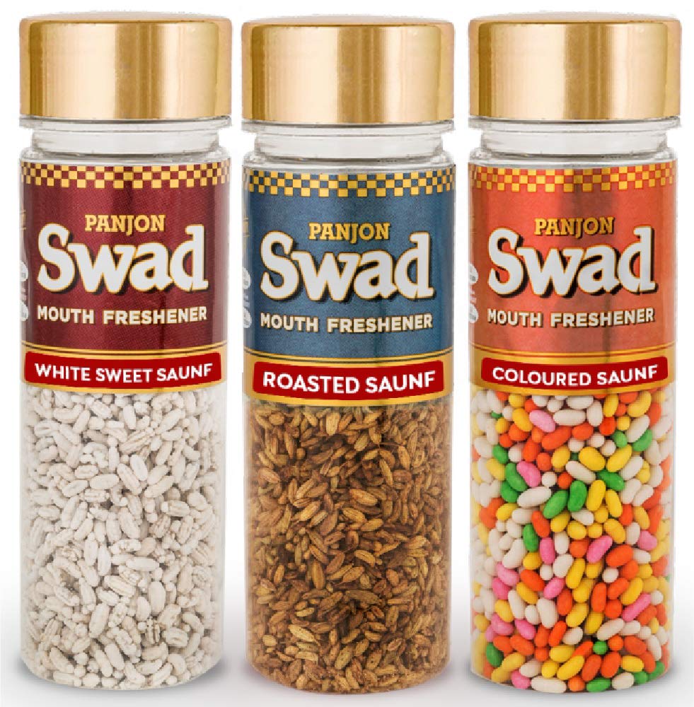 Panjon Swad White Sweet Saunf, Roasted Saunf & Coloured Saunf Fennel Mukhwas 360gm, (120gm *3 Bottles)
