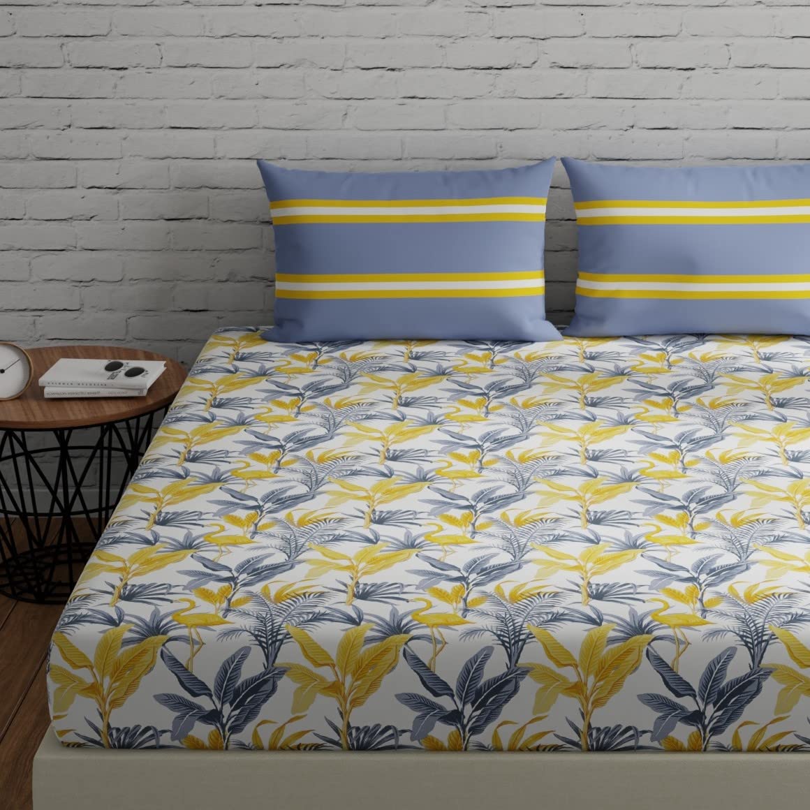 Bedsheets For King Size Bed With 2 Pillow Covers - 108 X 108 Inches | Flamingos & Stripes Grey & Yellow | Perfect For Home Decor & Gifts | 144 Thread Count