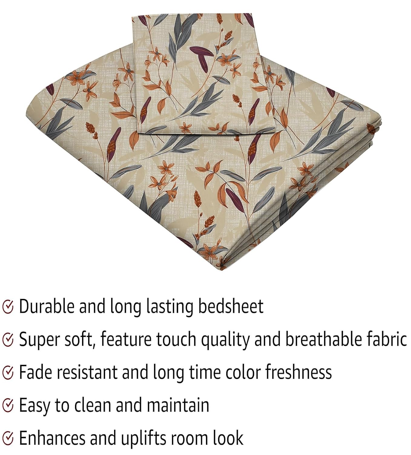 Printed Bedsheet For Single Bed With 1 Pillow Cover - 60 X 90 Inches, Mustard & Grey | Super Soft - Glace Cotton Breathable & Wrinkle Free - 2 Pcs Set