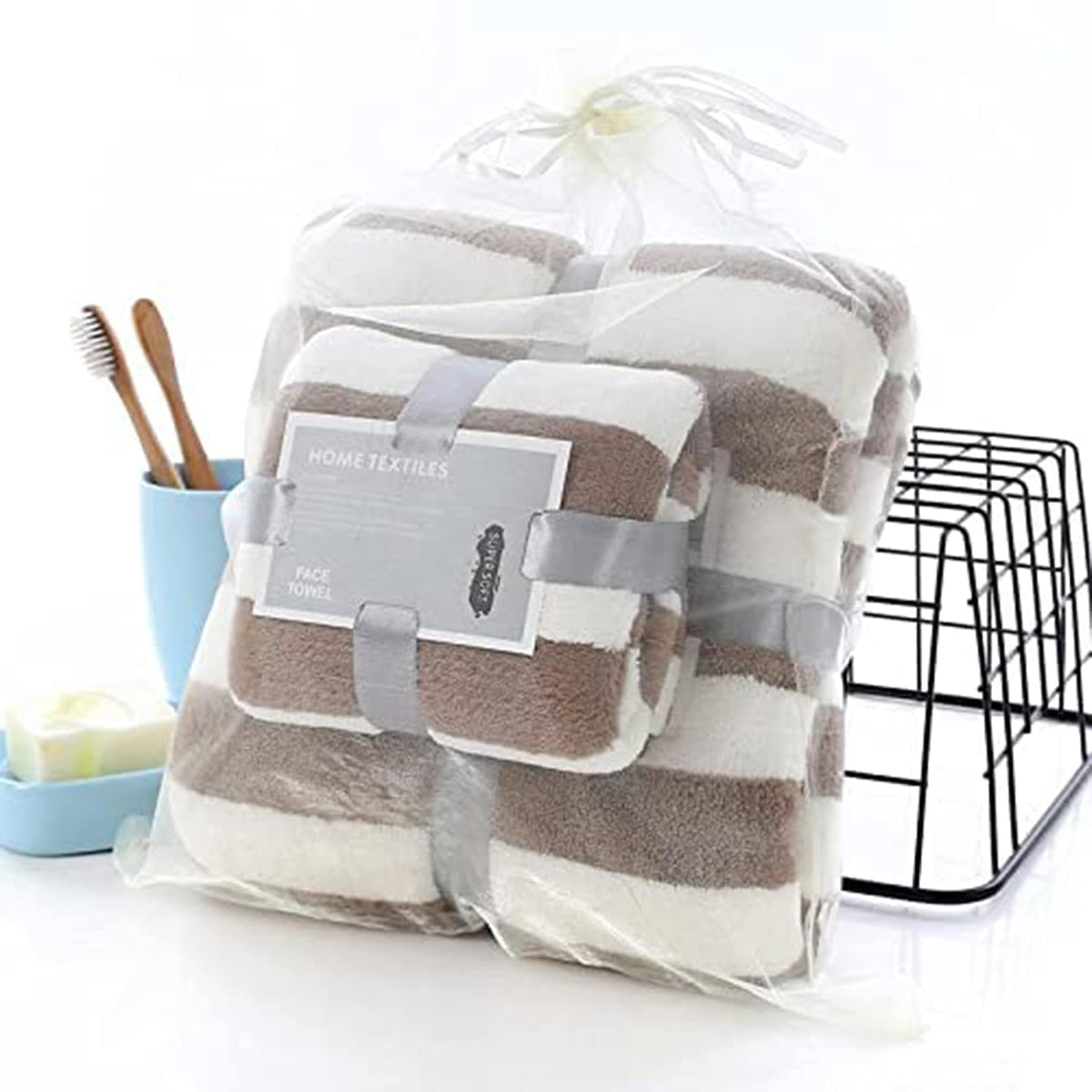 Homecloud Ultra Soft 300 Gsm Bath Towel Set | 3x Softer Than Cotton Towels Strip Brown | Highly Absorbent & Ultra Fast Dry | Set Of 2 (1 Bath + 1 Face Towel)