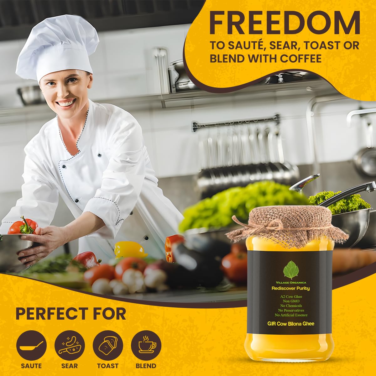Premium A2 Gir Cow Ghee By Village Organica | Good Source Of Healthy Desi Cow Ghee Perfect For Heart Health | (2 Litr) 67.6 Ounce | Jar Pack